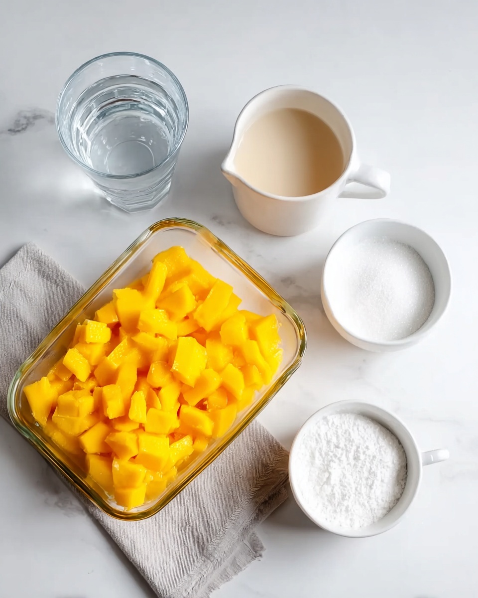 The image shows a white marbled surface with five containers arranged on it. At the center is a clear glass rectangular dish filled with bright yellow diced mango pieces. To the top left is a clear glass cup filled with water. Below it is a white cup containing a light beige liquid. On the upper right side, there is a small white bowl filled with white granulated sugar. Next to it at the bottom right is another white bowl filled with white powdered sugar. The containers are placed on a light grey cloth napkin beneath the glass dish. photo taken with an iphone --ar 4:5 --v 7