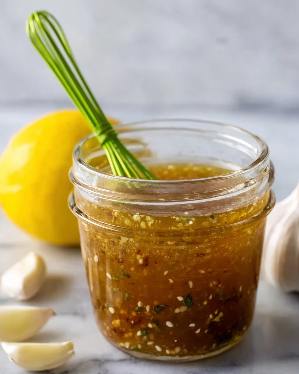 The image shows a clear glass jar filled with a golden-brown liquid sauce mixed with small bits of seeds and herbs, with a small green whisk resting inside the jar. Behind the jar, there is half a yellow lemon and some garlic cloves, all placed on a white marbled surface. The background is blurred and simple, focusing on the jar and its contents. The sauce looks thick and textured with visible pieces floating in it. Photo taken with an iphone --ar 4:5 --v 7