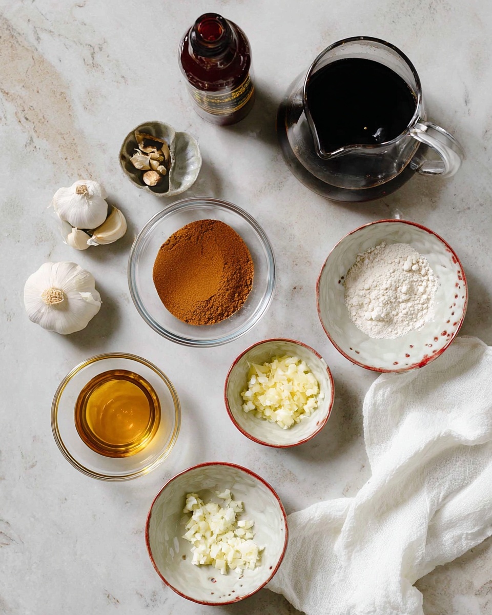 The image shows an overhead view of several small clear and ceramic white bowls arranged on a white marbled surface, each containing different ingredients. There are two clear round bowls with brown and white powders, one small clear bowl with a golden liquid, and a clear glass pitcher filled with a dark liquid near the top right. Two small white ceramic bowls with a reddish brown rim hold finely chopped white and light yellow ingredients. A whole garlic bulb and a bottle with a dark red label are also seen in the top left area. A white cloth is placed on the right side of the setup. photo taken with an iphone --ar 4:5 --v 7