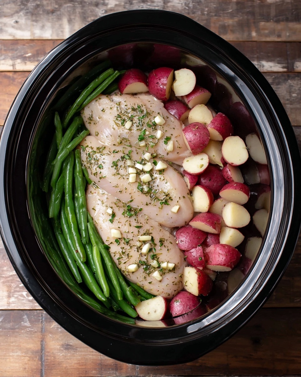 A black slow cooker bowl shows two raw chicken fillets placed in the center, with small chopped garlic and herbs sprinkled over them. On the left side, there are fresh green beans arranged neatly in a bunch, bright and firm. On the right side, there are red-skinned potatoes cut into small chunks, also sprinkled lightly with herbs. The slow cooker sits on a wooden surface, but the background should be a white marble texture. photo taken with an iphone --ar 4:5 --v 7