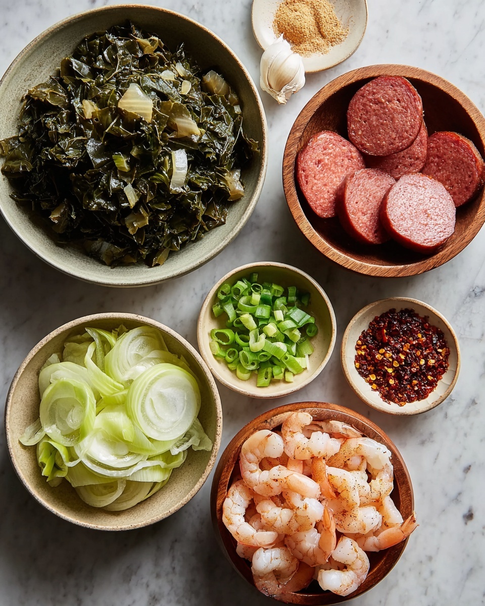 The image shows six small bowls arranged on a white marbled surface. The largest bowl at the top left is filled with dark green cooked leafy greens with pieces of translucent onions. To the right is a wooden bowl with thick slices of red sausage, showing a textured pink inside. Below that is a small bowl with chopped green onions in light green and white shades. In the center bottom is another bowl filled with raw peeled shrimp, light pink with a slight sparkle, sprinkled with seasoning. To the left of the shrimp bowl is a bowl with layers of thinly sliced pale green fennel or onions. To the right of the shrimp is a bowl filled with dark red crushed chili flakes. A small beige bowl between the sausage and shrimp holds a light brown ground spice with a whole garlic clove next to it. photo taken with an iphone --ar 4:5 --v 7