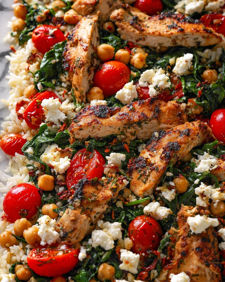 The image shows a close-up view of a colorful dish layered with grilled pieces of chicken seasoned with herbs and spices, scattered throughout. Beneath the chicken, there is a base layer of white rice mixed with chickpeas and wilted dark green spinach leaves. Bright red cherry tomatoes, some whole and some sliced, are spread evenly across the dish adding a fresh look. Small white cubes of feta cheese are sprinkled on top, contrasting with the green spinach and red tomatoes. The textures range from soft rice and chickpeas to juicy tomatoes and tender grilled chicken, all mixed together on a white marbled surface. photo taken with an iphone --ar 4:5 --v 7