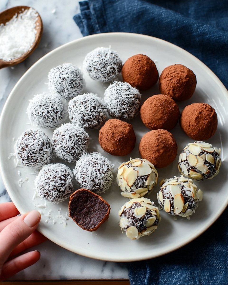 A white plate filled with three types of small round chocolate truffles arranged in rows. The first type is covered in white coconut flakes, showing a rough texture, with one truffle cut open to reveal a smooth dark chocolate inside. The second type is covered in brown cocoa powder with a velvety, matte surface. The third type is coated with thin, off-white almond slices, creating a textured outer layer with bits of dark chocolate visible beneath. The plate rests on a white marbled surface with a navy blue cloth underneath it, and a woman's hand is slightly visible near the bottom left corner holding a spoon with coconut flakes. Photo taken with an iphone --ar 4:5 --v 7