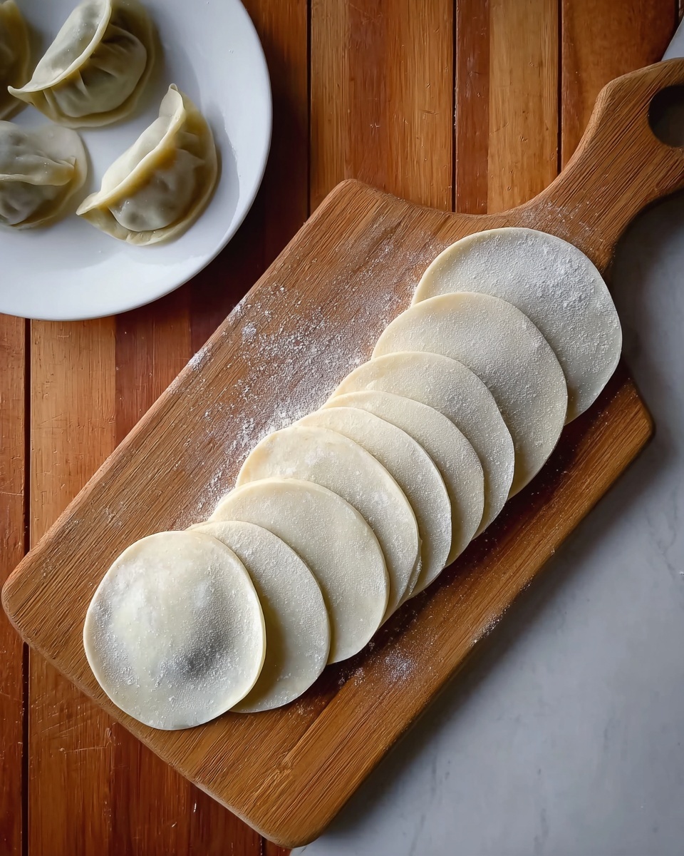 The image shows a wooden cutting board on a white marbled surface, holding a neat stack of smooth, round, thin dough circles dusted lightly with flour. To the upper left of the board, there is a white plate with five dumplings that are folded and sealed, with soft, pale dough and slightly dimpled tops. The dough circles are arranged overlapping from the bottom right to the top left on the board. The white plate is plain and smooth, contrasting softly with the warm tone of the wooden board and the dough's light color. Photo taken with an iphone --ar 4:5 --v 7