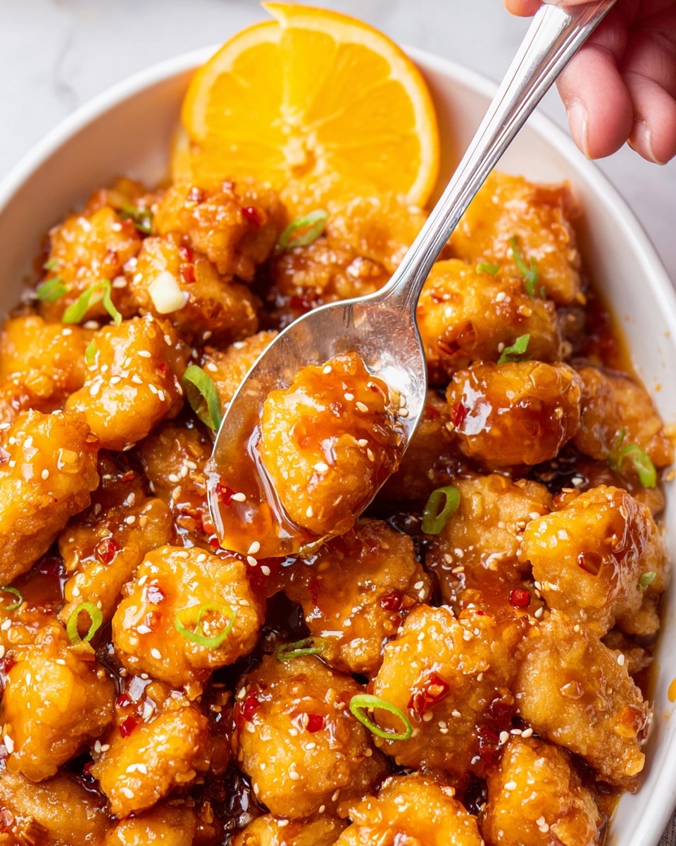The image shows many small golden-brown fried chicken pieces covered in a shiny, sticky orange sauce with chili flakes, inside a white dish. Small green sliced scallions and white sesame seeds are sprinkled over the chicken for color contrast. A woman's hand holding a silver spoon is seen in the top right, drizzling extra sauce over the chicken. A bright orange slice is placed near the top of the dish. The dish sits on a white marbled surface. photo taken with an iphone --ar 4:5 --v 7