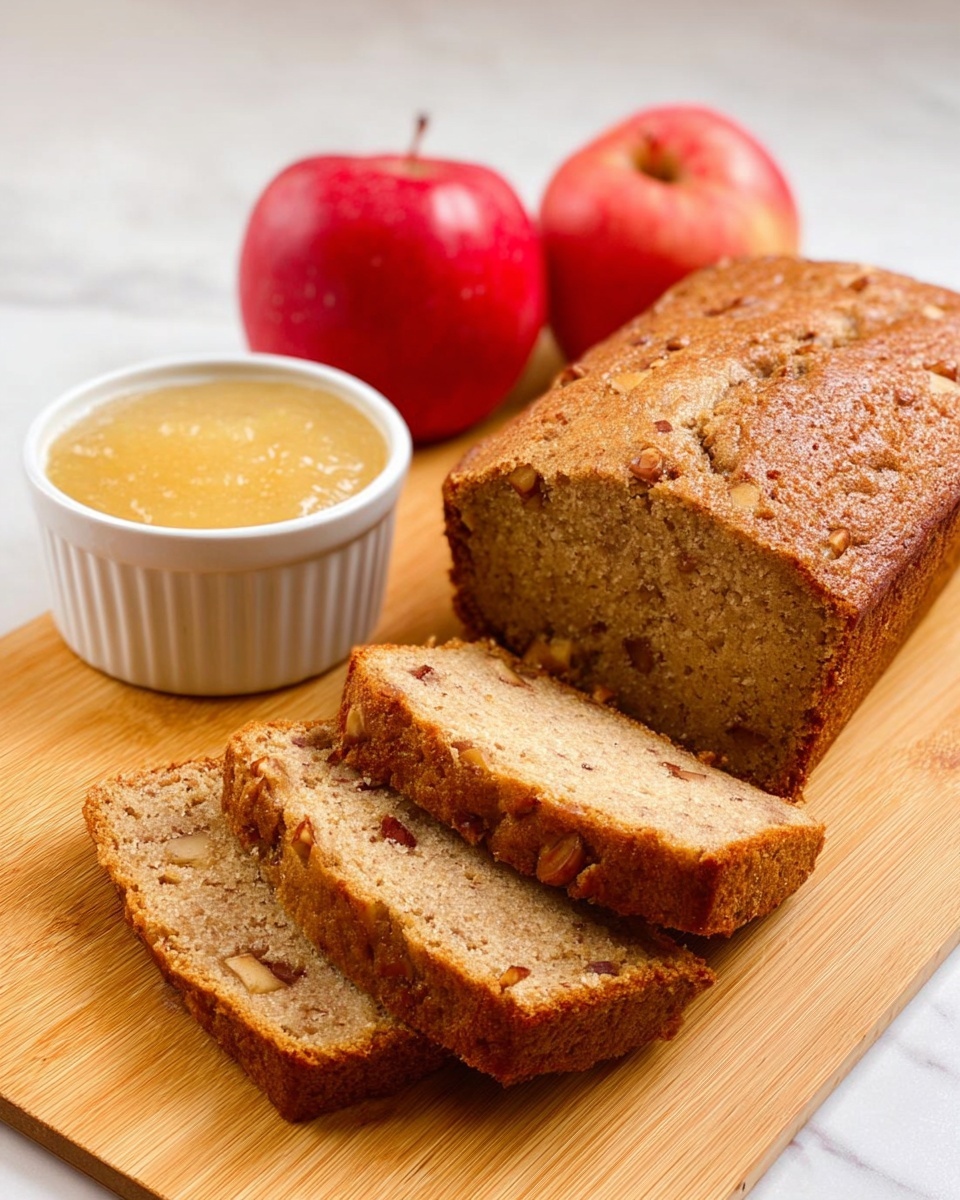 The image shows a loaf of bread with three slices laid out in front of it on a wooden board. The bread has a golden brown crust with a slightly rough texture and the inside is light brown with visible pieces of nuts scattered throughout. To the left of the slices is a small white ramekin filled with smooth, light yellow applesauce. Behind the bread and applesauce are two red apples with smooth skin, all set on a white marbled surface. photo taken with an iphone --ar 4:5 --v 7