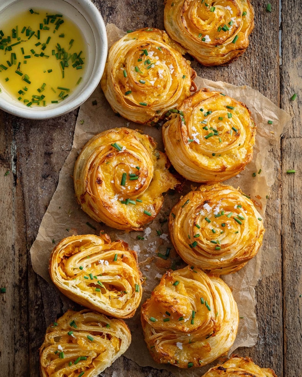 The image shows eight golden brown, round puff pastry swirls with a layered, flaky texture topped with small green chive pieces and white coarse salt. They are arranged on a piece of parchment paper, which is on a rustic wooden surface. One pastry is cut in half, revealing many thin, soft layers inside with a rich, orange cheese filling nestled between the folds. To the left, a white bowl holds melted butter with green chives floating on top. The overall look is warm, fresh, and crispy. Photo taken with an iphone --ar 4:5 --v 7
