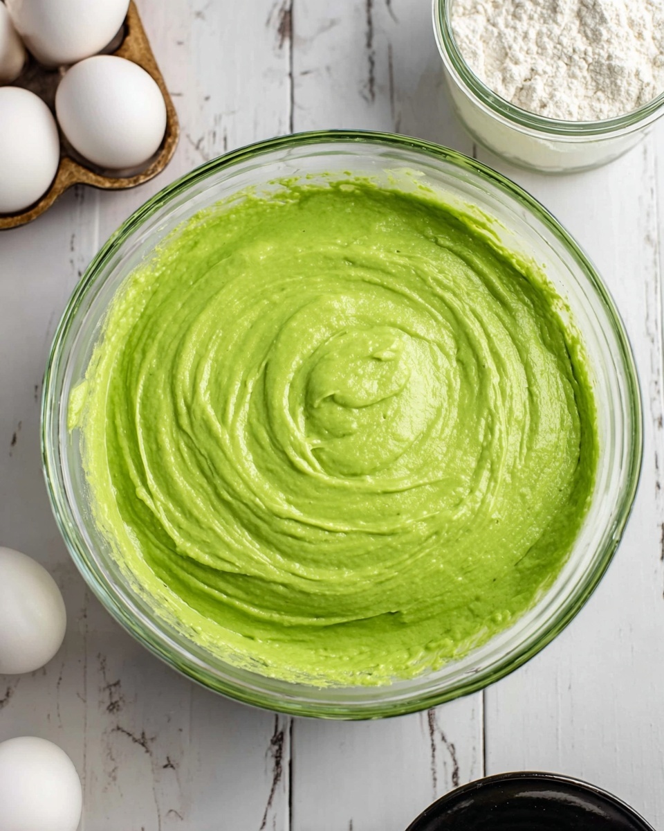 The image shows a clear glass bowl filled with smooth, bright green batter with a swirled texture on top. The bowl is placed on a white marbled surface. Around the bowl, there are white eggs in a transparent container, a glass jar of white flour, and a black dish partially visible. Photo taken with an iphone --ar 4:5 --v 7