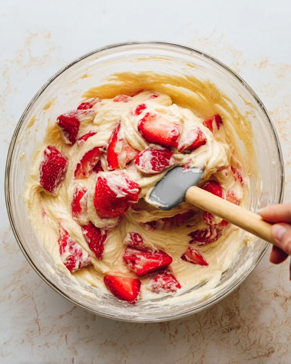 A clear glass bowl holds thick creamy batter mixed with bright red sliced strawberries. The batter is pale yellow and smooth, swirling around the chunks of fresh strawberries that add a pop of color. A gray silicone spatula with a light wooden handle is partially dipped into the mixture, lifting some batter with pieces of strawberries. A woman's hand grips the spatula lightly, ready to stir more. The bowl sits on a white marbled surface. photo taken with an iphone --ar 4:5 --v 7