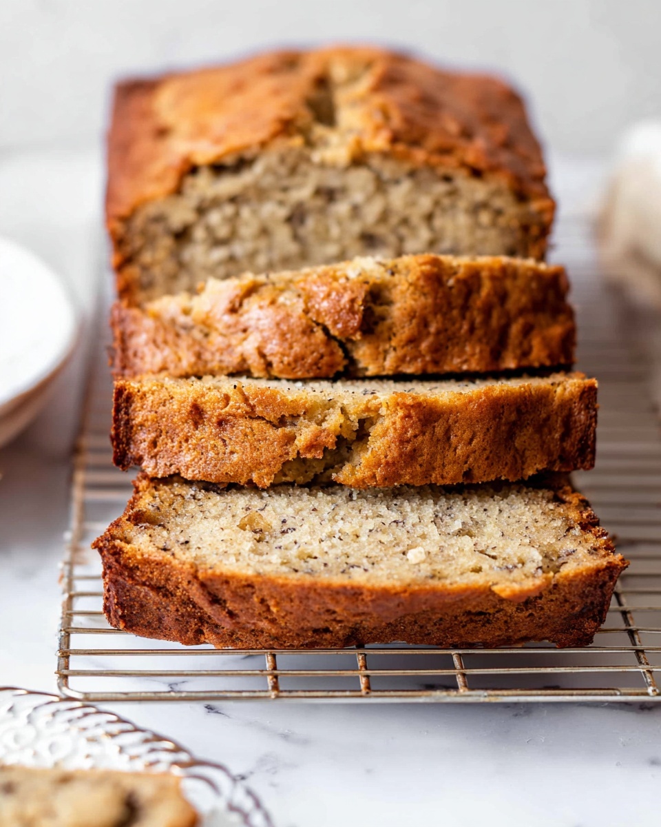 The image shows a loaf of banana bread sliced into four thick pieces, stacked neatly on a silver cooling rack. The bread has a golden brown crust with a slightly rough, textured surface, and the inside is soft with a light, slightly speckled beige color from mashed bananas. The slices are arranged with the cut sides facing forward, showing the moist and dense crumb inside. The scene is set on a white marbled surface, with part of a white edged plate visible on the left side. Photo taken with an iphone --ar 4:5 --v 7