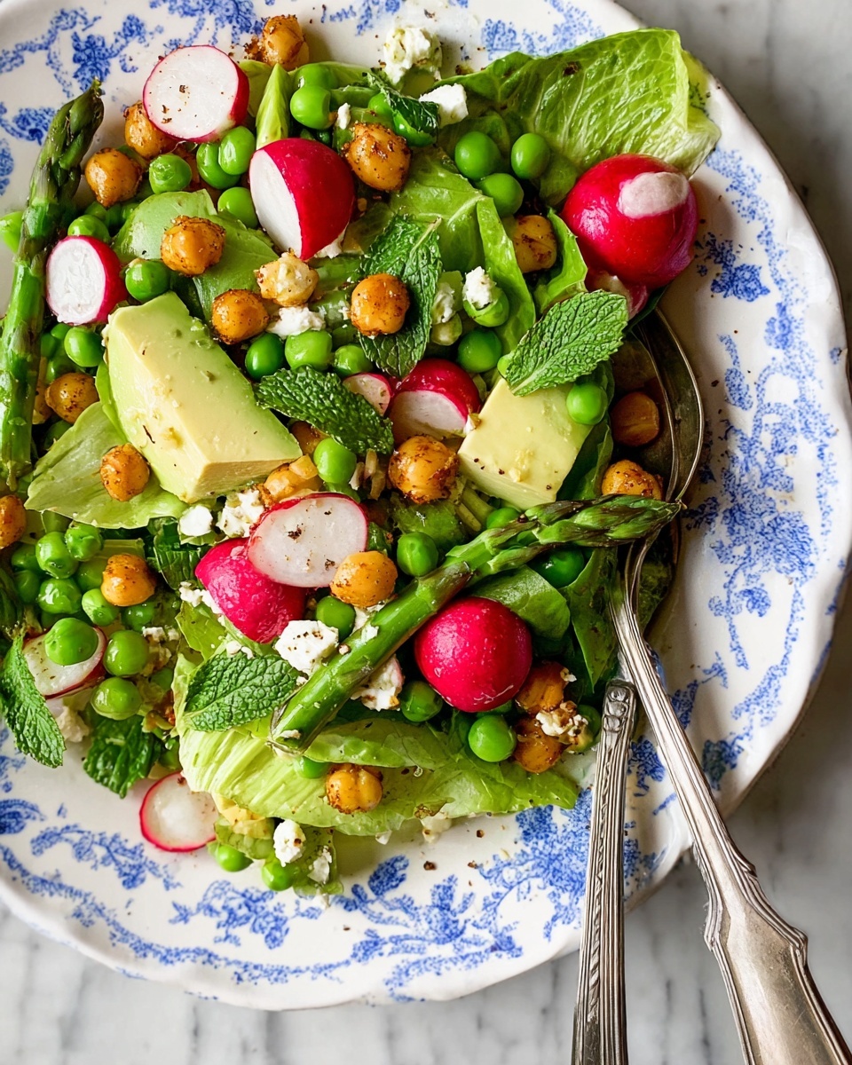 Bright Spring Salad with Asparagus, Peas, Feta, and Fresh Herbs Recipe 5 This image shows a fresh salad served on a white plate with a blue floral pattern around the edge, placed on a white marbled surface. The salad has several layers: the base includes bright green lettuce leaves and fresh mint leaves, topped with scattered chunks of light green avocado. There are bright red radishes sliced thinly and whole, adding pops of color throughout. Small green peas and asparagus pieces add texture and contrast. Golden roasted chickpeas are sprinkled across, along with small white crumbs of cheese. A shiny silver spoon and fork rest on the plate to the right side, partly under the salad. Photo taken with an iphone --ar 4:5 --v 7