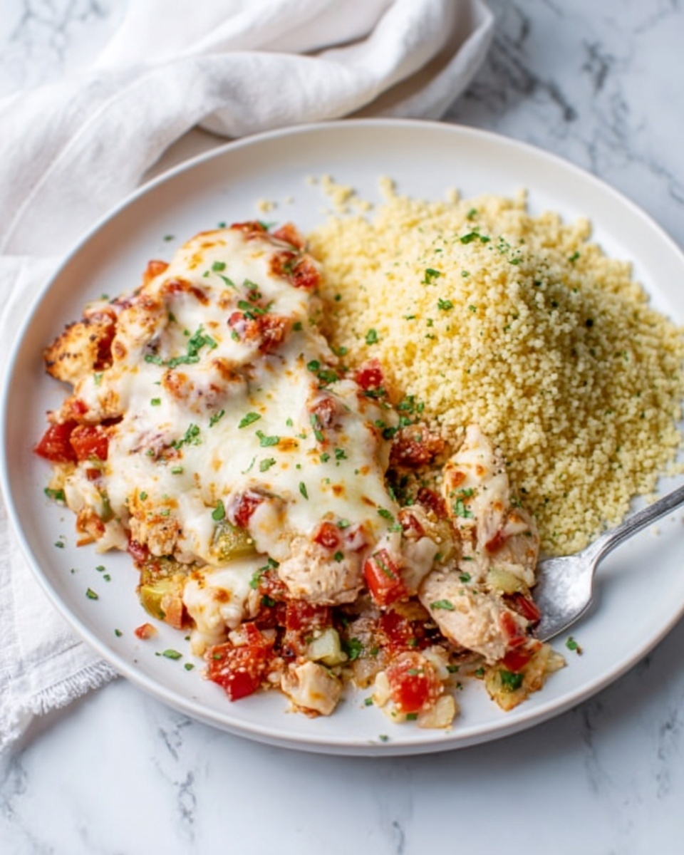 The image shows a white plate holding a layered dish on the left side, topped with melted white cheese that is bubbly and slightly browned. Underneath the cheese are pieces of light brown chicken mixed with small, diced red tomatoes and bits of herbs. To the right side of the plate, there is a mound of light yellow couscous sprinkled with green herbs. A silver fork rests on the plate near the chicken. The plate is placed on a white marbled surface with a soft white cloth partly visible in the background. Photo taken with an iphone --ar 4:5 --v 7