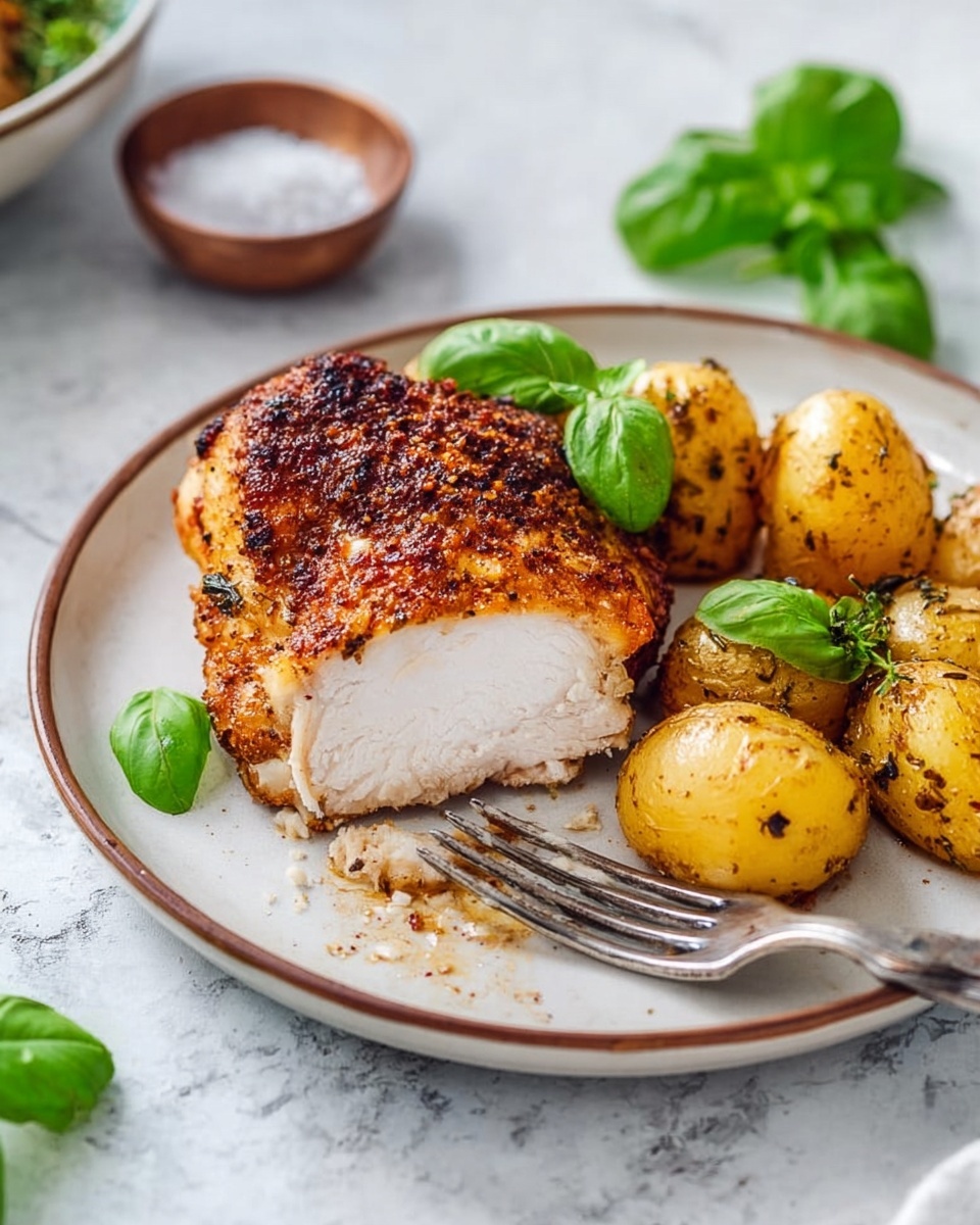 Oven Baked Citrus-Seasoned Chicken Breast and Thighs Recipe 5 The image shows a white plate with a brown rim holding a piece of cooked chicken with a golden-brown crispy outside and white juicy inside, placed on the left side of the plate. Next to the chicken, there are several small roasted golden potatoes with a slightly crispy skin. Fresh green basil leaves are placed around the chicken and potatoes for decoration. A metal fork is slightly pressing into the chicken at the front left side. The plate sits on a white marbled textured surface with a small bowl of coarse salt and green basil leaves slightly blurred in the background. photo taken with an iphone --ar 4:5 --v 7