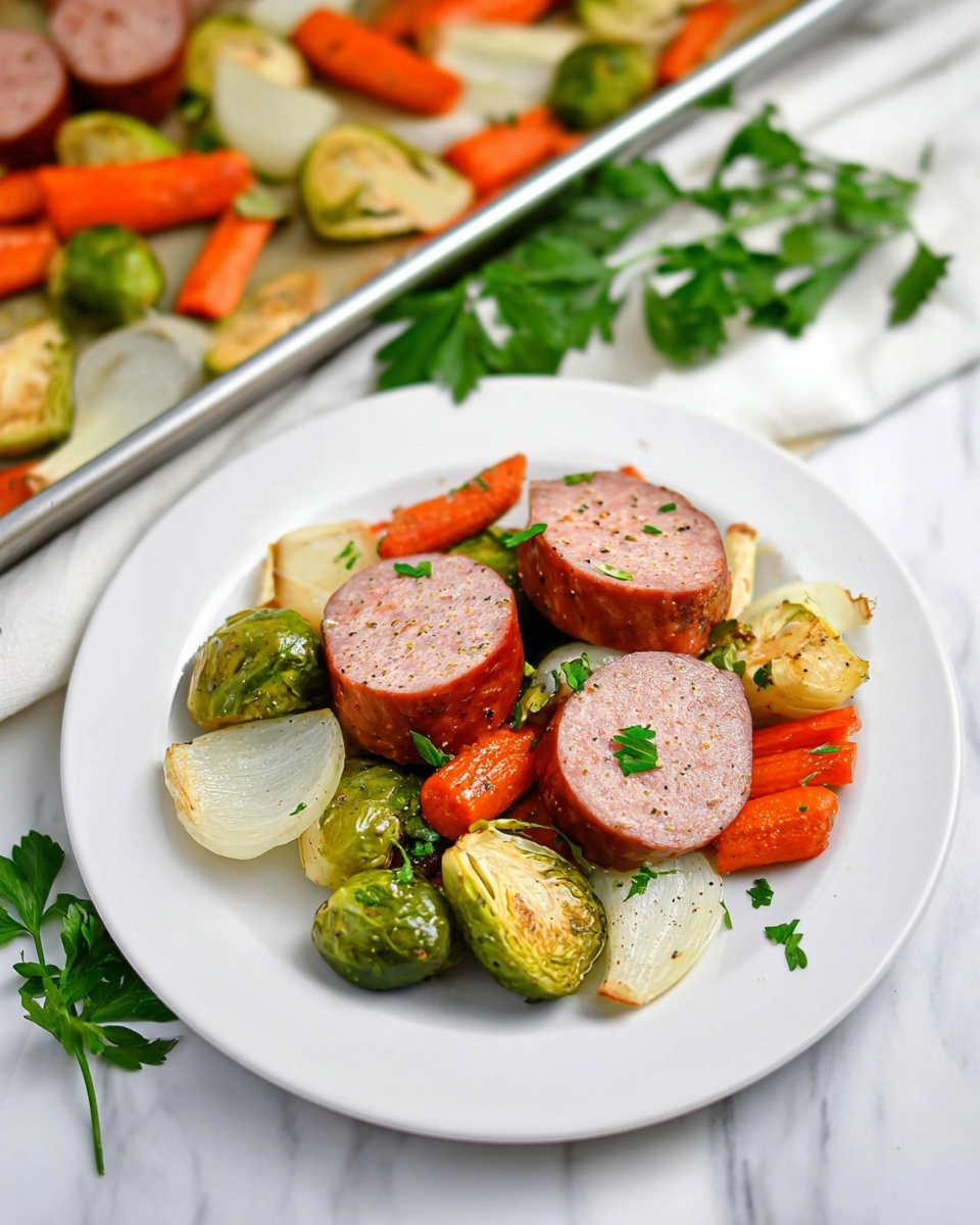 A white plate holds a simple dish with thick slices of brown sausage on top, showing a smooth pink inside with light seasoning. Alongside the sausage are bright green halved Brussels sprouts with a slightly charred texture, soft white onion slices in curved shapes, and chunks of orange carrot with a smooth surface. Small bits of fresh green parsley are sprinkled over the top, adding color contrast. The plate rests on a white marbled surface, with fresh green parsley leaves placed nearby. In the background, a sheet pan with more of the same roasted ingredients is partially visible. photo taken with an iphone --ar 4:5 --v 7