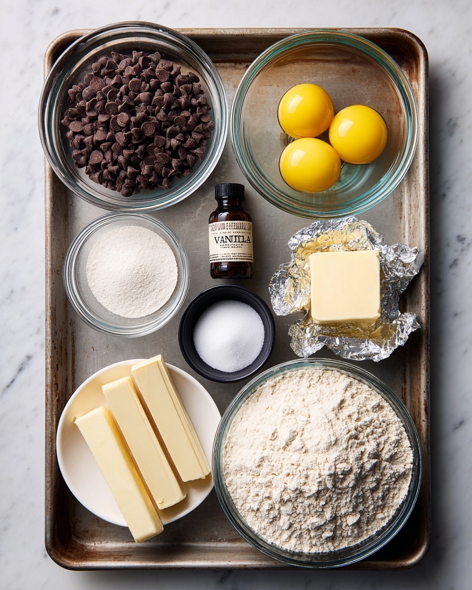 Bakery Style Chocolate Chip Cookies Recipe 4 A metal baking tray holds bowls and ingredients arranged neatly: in the top left, a clear glass bowl filled with dark brown chocolate chips; next to it on the right, a clear glass bowl with two bright yellow eggs. Above the eggs, a small dark brown bottle labeled