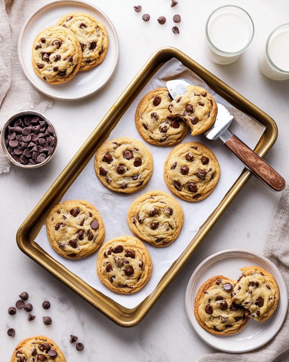 Bakery Style Chocolate Chip Cookies Recipe 5 A tray with nine round chocolate chip cookies, light golden brown with darker crispy edges and scattered dark chocolate chips on top, placed on white parchment paper inside a bronze baking sheet, a spatula with a wooden handle lifts one cookie. Two white plates hold one cookie each, one partly eaten, all on a white marbled surface with scattered chocolate chips. A white bowl filled with dark chocolate chips sits near the tray. Two glasses of milk are partially visible. The setting is bright with soft shadows. Photo taken with an iphone --ar 4:5 --v 7