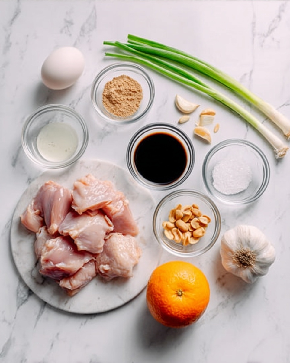 The image shows raw chicken pieces placed on a white marbled surface near several small, clear glass bowls filled with different ingredients: one bowl with a light brown powder, another with white salt, a white liquid, a dark soy sauce, and some peanuts. There is also a white egg, a whole orange, two green onions, and two cloves of garlic arranged neatly around the chicken. The scene is clean, bright, and organized with everything spread out evenly on the white marbled background. photo taken with an iphone --ar 4:5 --v 7