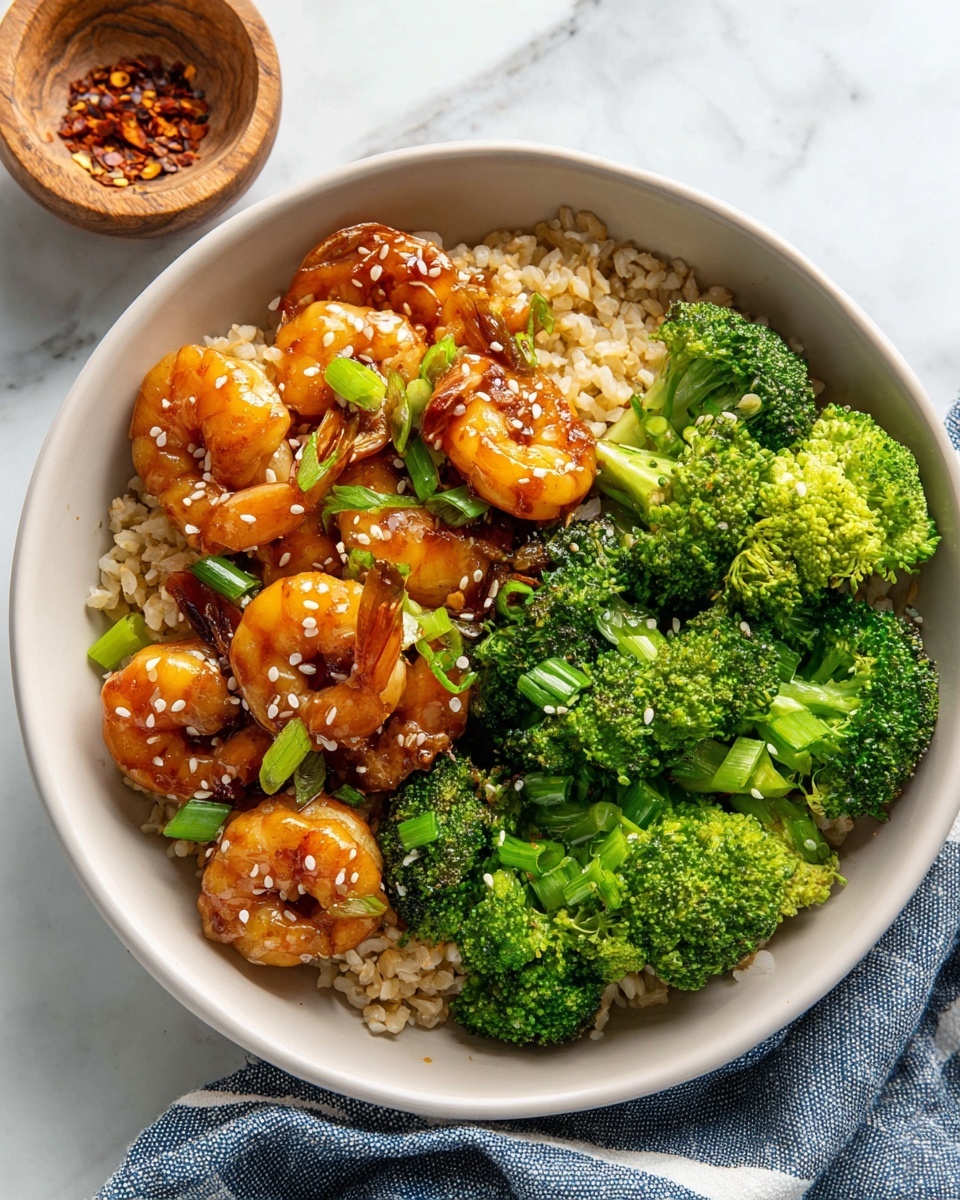 A white bowl sits on a white marbled surface with a blue and white striped cloth beside it. Inside the bowl, the bottom layer is light brown cooked rice with a grainy texture, partially visible around the sides. On top of the rice, there is a layer of bright green steamed broccoli with small florets and a fresh appearance, mainly on the right side. The top layer consists of shiny, orange-brown glazed shrimp arranged in a slight pile toward the left, sprinkled with white sesame seeds and small pieces of green onion. In the top left corner of the image, a small wooden bowl contains some red chili flakes. Photo taken with an iphone --ar 4:5 --v 7