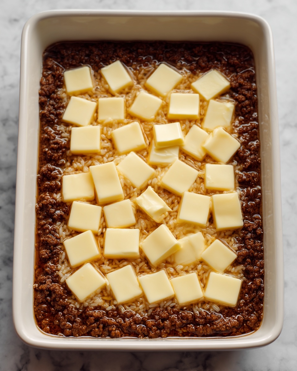 A white rectangular baking dish holds a layered mixture with three visible layers. The bottom layer is a dark brown cooked ground beef with a crumbly texture evenly spread across the dish. Above it is a layer of mixed rice coated in a light brown sauce, giving a slightly wet, glossy appearance. On top of this is an even layer of small, pale yellow rectangular slices of butter, neatly arranged in rows, contrasting with the darker layers beneath. The baking dish is placed on a white marbled surface. Photo taken with an iphone --ar 4:5 --v 7
