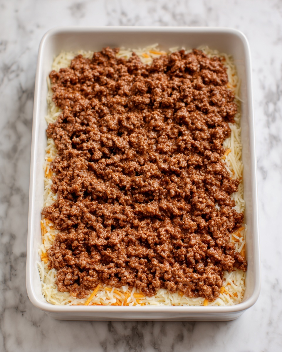 The image shows a white rectangular baking dish placed on a white marbled surface. Inside the dish, there are two clear layers visible: the bottom layer is a mix of white and orange shredded cheese, with some cheese peeking through the top layer, which is a thick, even layer of cooked ground meat, brown in color with a slightly crumbly texture, spread out to cover the cheese completely. The edges of the meat layer show the cheese beneath it near the edges of the dish. The photo taken with an iphone --ar 4:5 --v 7