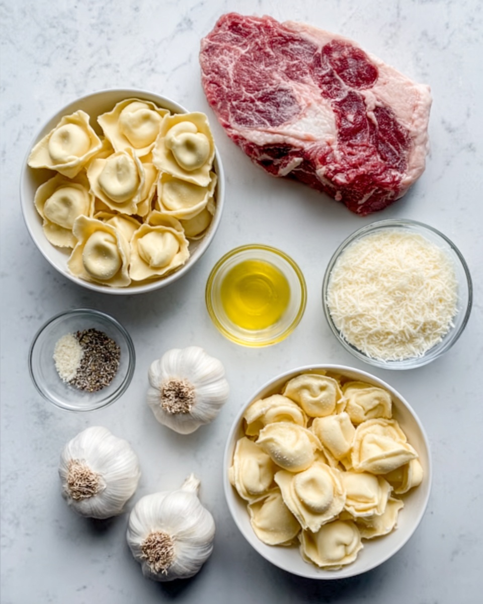 The image shows several food items arranged neatly on a white marbled surface. There are two white bowls filled with stuffed pasta, one bowl at the top left and another at the bottom right, each filled with pale yellow tortellini. In the center top, there is a raw piece of marbled red meat with white fat. Below the meat, there is a small pile of grated white cheese in a clear round bowl. To the left of this is a small glass bowl with yellow oil. Below the oil, there are two small piles of coarse black and white spices. At the bottom left, two white garlic heads are placed, with two pale yellow garlic cloves nearby. The arrangement is clean and evenly spaced, all placed on the white marbled surface. Photo taken with an iphone --ar 4:5 --v 7