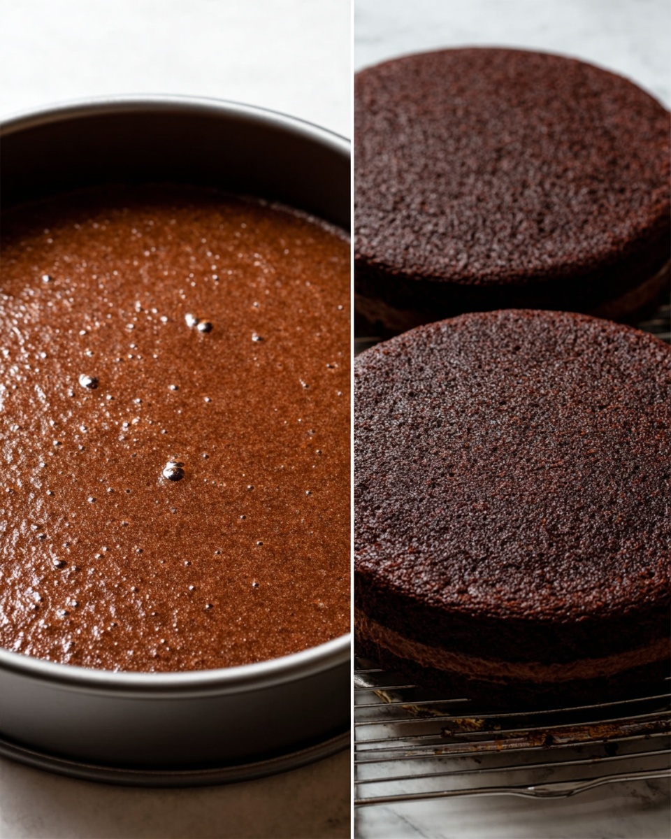 The image shows two stages of a chocolate cake. On the left is a round cake pan with smooth, wet chocolate batter evenly spread inside it, with a few small bubbles on the surface. On the right are two round chocolate cake layers that are fully baked, dark brown in color, with a slightly rough, moist texture on top. The cakes rest on a metal cooling rack against a white marbled background. photo taken with an iphone --ar 4:5 --v 7