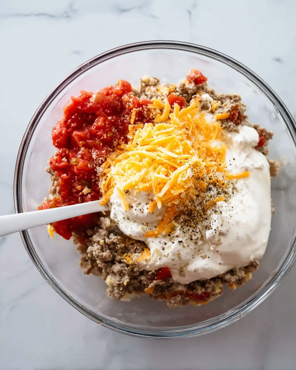 A clear glass bowl sits on a white marbled surface, filled with several layers of ingredients. The bottom layer is light brown ground meat, around which are bright red diced tomatoes. On top, there is a large dollop of thick white sour cream, a heap of shredded orange cheddar cheese, and a sprinkle of black pepper and other spices. A white spoon is partially visible inside the bowl, stirring the mixture. Photo taken with an iphone --ar 4:5 --v 7