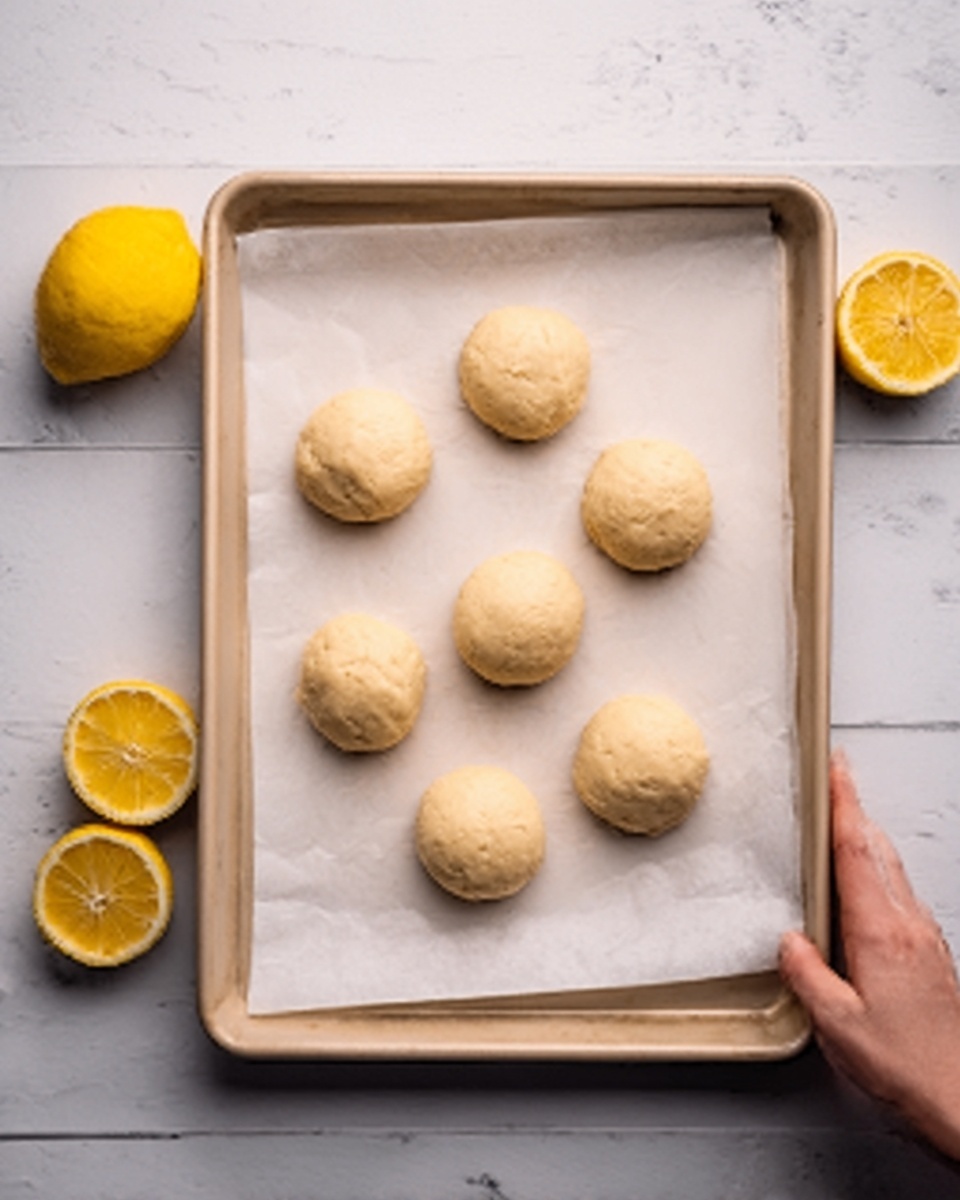A white baking tray with six round dough balls placed evenly on a white parchment paper inside. The dough balls are light beige in color, smooth in texture, and arranged in two rows of three. There are lemon halves and a whole lemon partially visible on the white marbled surface near the tray. A woman's hand is not visible but implied as the dough balls look freshly made. The image has soft natural lighting, clear focus, and a clean background. photo taken with an iphone --ar 4:5 --v 7