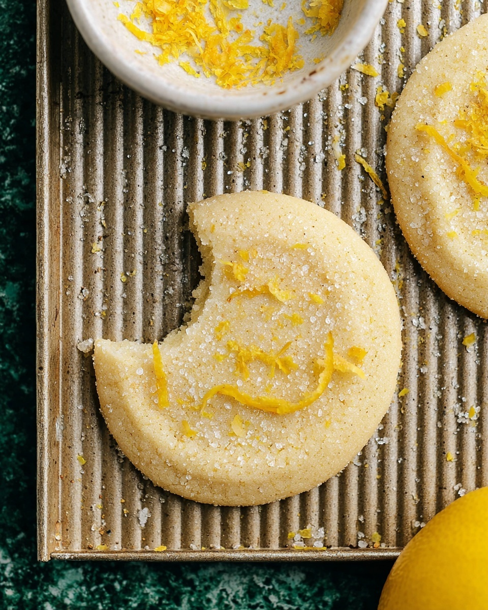 A close-up view of a round lemon sugar cookie with a bite taken from the top-left side, showing its soft texture. The cookie is pale yellow, covered with a layer of coarse sugar crystals and small pieces of bright yellow lemon zest scattered on top. The cookie is placed on a ridged, slightly worn baking sheet with another similar cookie partially visible in the top-right corner. On the left side, there is a white bowl filled with more lemon zest, some of which has spilled onto the baking sheet. A part of a whole lemon shows in the bottom-right corner. The surface below the baking sheet is a textured dark green stone. photo taken with an iphone --ar 4:5 --v 7