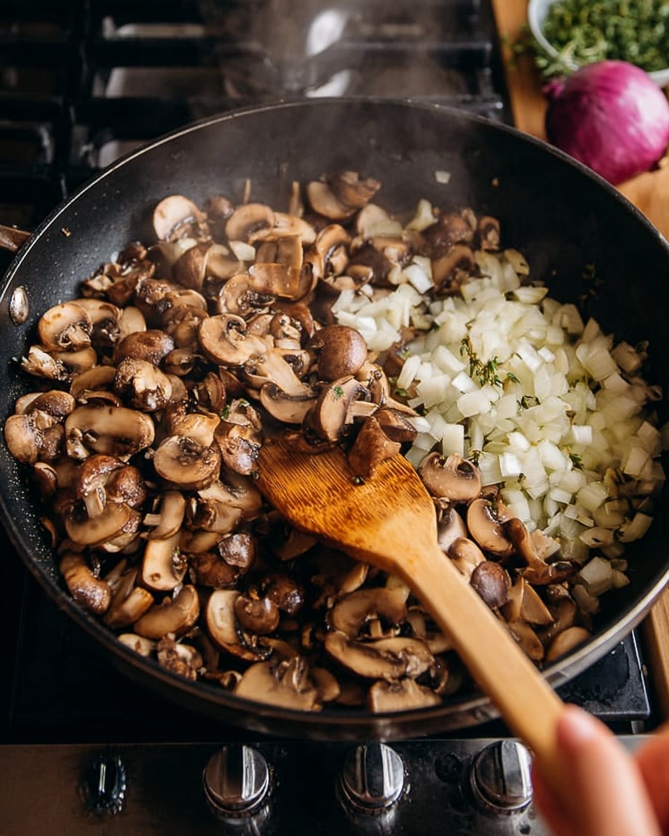 A close-up of a black pan filled with cooked brown sliced mushrooms covering most of the pan's bottom on the left side, with small white diced onions piled on the right side. The woman's hand holds a wooden spatula stirring the onions. The pan sits on a gas stove with silver knobs, and a purple onion and green herbs blur softly in the background. Steam rises from the warm food. The surface is a white marbled texture photo taken with an iphone --ar 4:5 --v 7