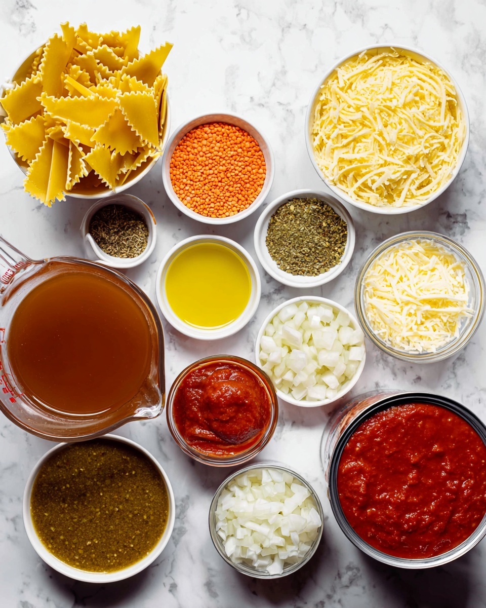 The image shows many small white bowls and clear glass containers arranged on a white marbled surface. There are two open cans filled with red tomato sauce on the right side. Near them, a small clear bowl holds a thick red paste. Next to it is a small bowl with yellow olive oil. Above these are small white bowls with shredded yellow cheese and a white creamy cheese. To the left of these is a bowl of jagged-edged yellow pasta sheets. Above that are three small bowls, one with red lentils, one with chopped garlic and dried herbs, and one with green pesto sauce. On the far left is a clear glass measuring cup filled with brown broth, and below the cup is a white bowl filled with chopped white onions. The ingredients are neatly placed and colorful. Photo taken with an iphone --ar 4:5 --v 7