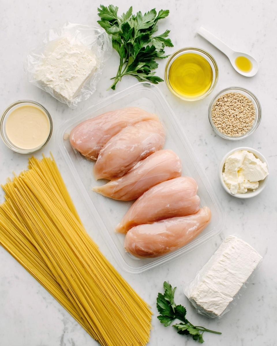 The image shows four raw chicken filets placed side by side on a clear plastic tray in the middle of a white marbled surface. Around the tray are small white bowls containing creamy beige sauce, light yellow olive oil, and white cream, along with a transparent bowl filled with light brown seeds. A block of white feta cheese wrapped in clear plastic is next to fresh green parsley sprigs. On the lower left corner, there is a bundle of uncooked yellow spaghetti pasta. A white woman's hand is visible holding a white measuring spoon near the top right edge of the image. Photo taken with an iphone --ar 4:5 --v 7