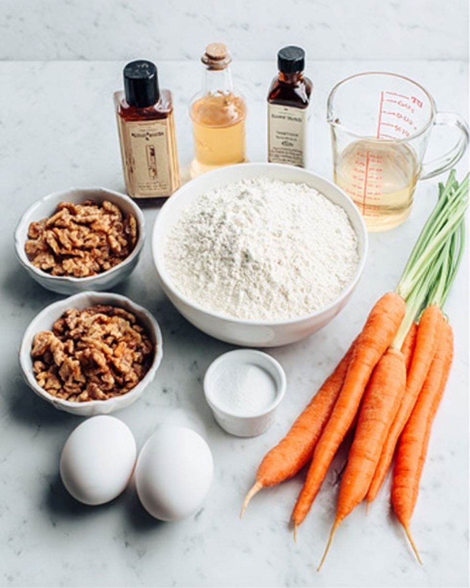 The image shows a white marbled surface with several ingredients arranged neatly. On the left, a small white bowl holds brown nuts or seeds, next to a small bottle with a light brown powder, a bottle of vanilla extract, and a clear measuring cup with liquid. To the right, there is a large white bowl filled with flour, a smaller white bowl with brown sugar, and three white eggs resting in front of them. On the far right, four orange carrots with green tops lie together. Everything is clean and bright with soft lighting. Photo taken with an iphone --ar 4:5 --v 7
