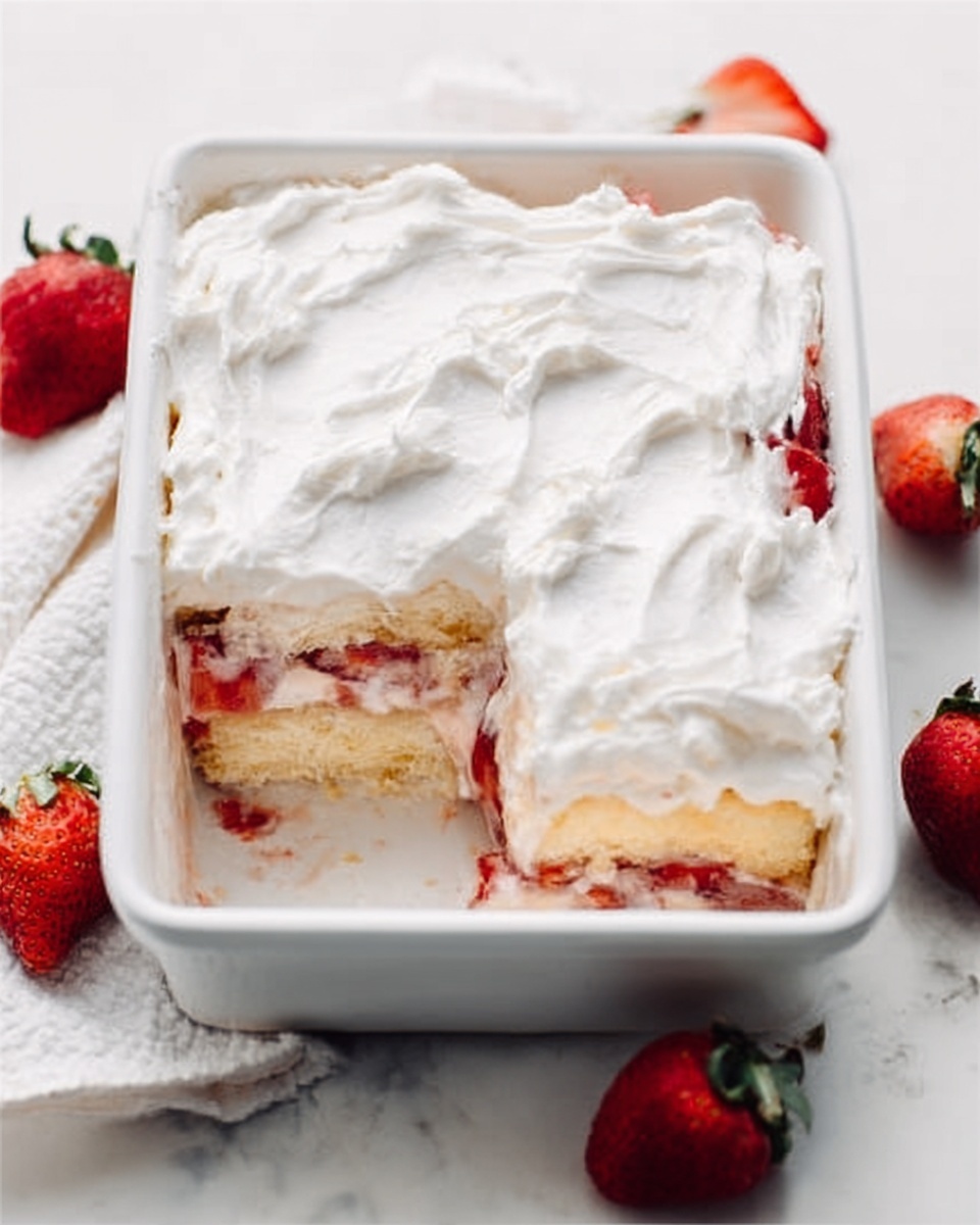 The image shows a close-up of a three-layer dessert on a white plate with a white marbled texture background. The bottom layer is a light, fluffy cake with a soft texture in pale yellow. Above that is a thin layer of shiny, red strawberry jelly that looks smooth and glossy. On top of the jelly is a thick layer of white whipped cream with soft peaks, giving a fluffy and creamy look. A half strawberry with green leaves is placed on top of the whipped cream as decoration. The edges of the cake reveal the soft, moist texture inside, making the dessert look fresh and inviting. Photo taken with an iphone --ar 4:5 --v 7