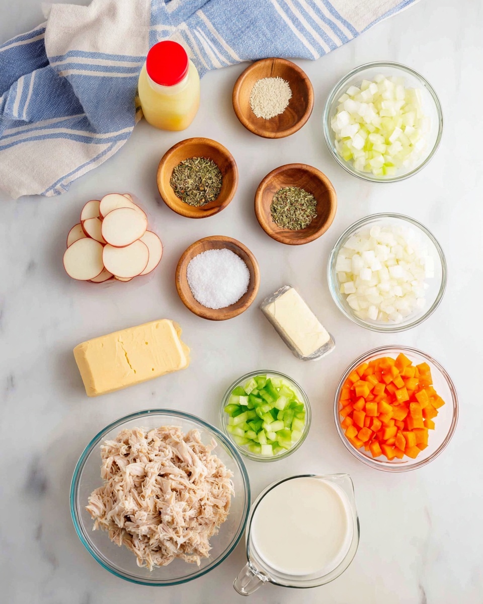A top-down view of various cooking ingredients arranged neatly on a white marbled surface. In the center bottom, there is a clear glass bowl filled with shredded cooked chicken. To its right is a stick of butter in its wrap, and to its left are thinly sliced red potatoes in a clear bowl. Above the chicken, there are four small wooden bowls containing different dried herbs and spices. To the right of those are three clear bowls with diced green bell pepper, diced celery, and white flour from top to bottom. To the left of the herbs are a small wooden bowl of salt and a glass bottle with a red cap filled with light yellow liquid. Above this is a clear bowl with white diced onions. To the right of the onions is a glass jug with milk. To the right of the milk is a clear bowl with diced orange carrots. Between the butter and chicken, there is a small glass bowl filled with melted butter. A light blue and white striped cloth is at the top of the scene. The image has a bright, clean look with even lighting. Photo taken with an iphone --ar 4:5 --v 7