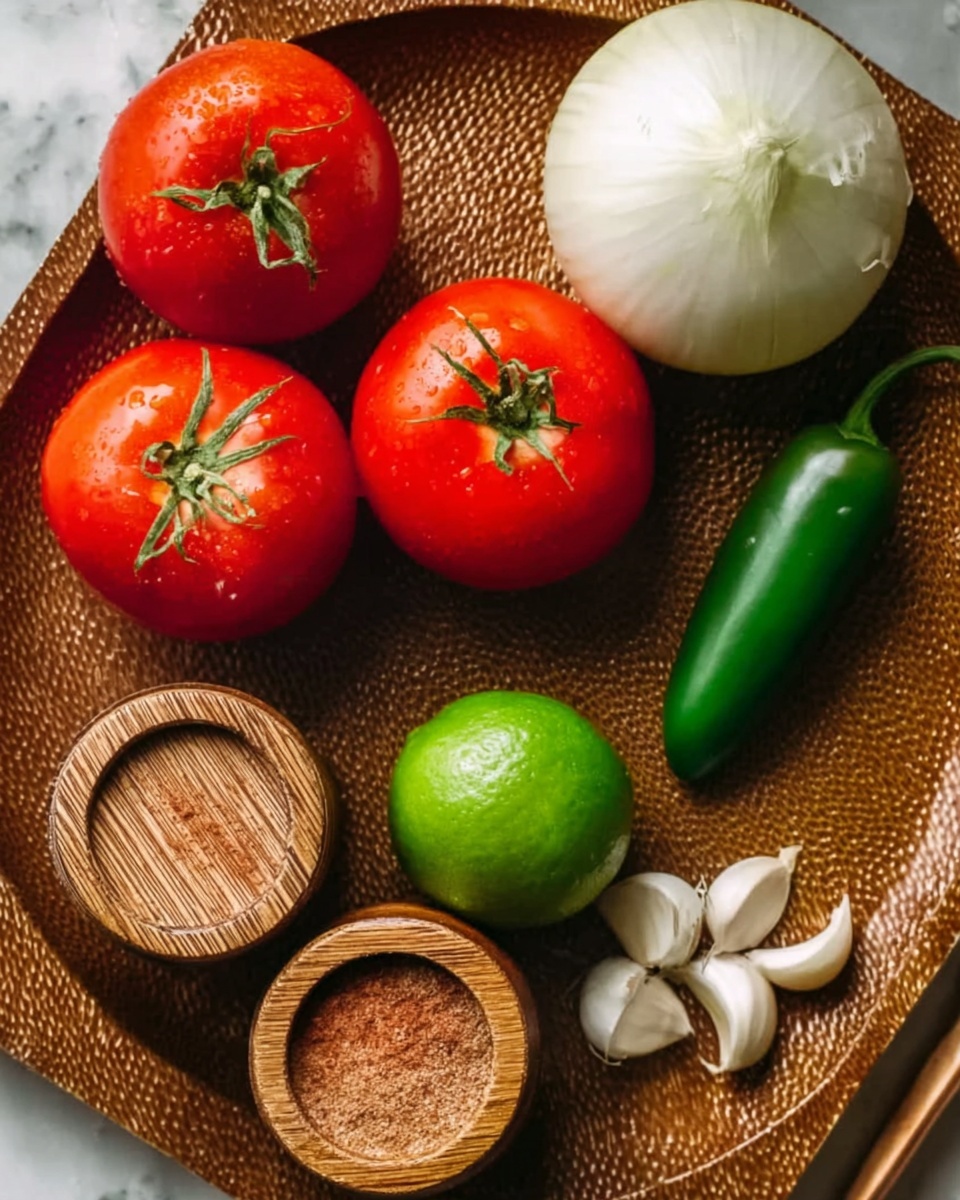The image shows a close-up of fresh vegetables and spices on a brown textured tray, placed on a white marbled surface. There are three bright red tomatoes with green stems at the top left, a whole white onion at the right, a green jalapeño pepper near the top right corner, two small garlic cloves below the tomatoes, two whole bright green limes near the bottom left, and two round wooden spice containers with lids, one slightly open showing a brown powder inside, at the bottom right. The colors are vibrant with smooth and natural textures. Photo taken with an iphone --ar 4:5 --v 7