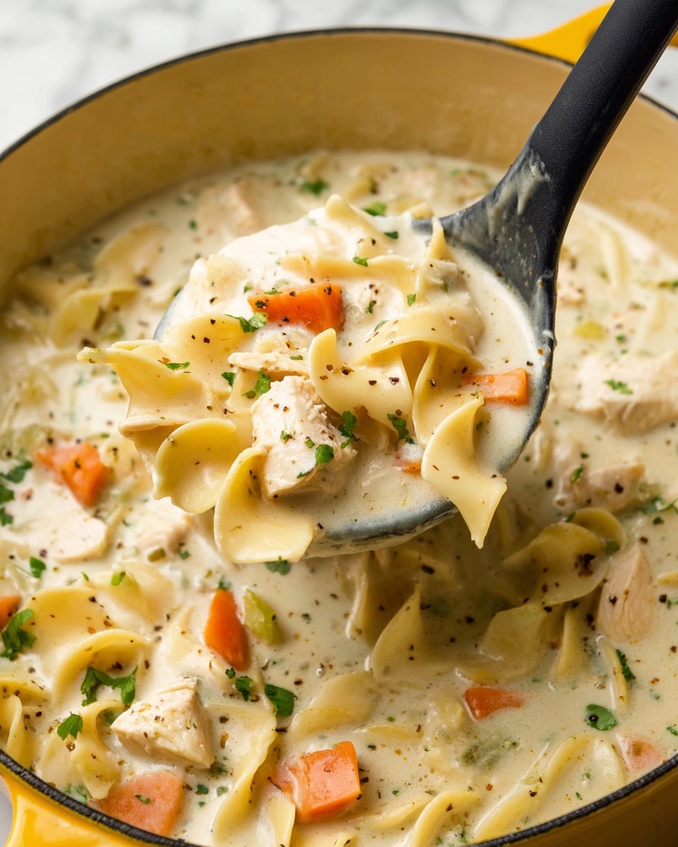 A close-up of a ladle scooping creamy chicken noodle soup from a yellow pot with a light beige inside. The soup has wide egg noodles folded and soft, tender chunks of white chicken pieces scattered around. Bright orange diced carrots and small green parsley bits are mixed in the thick, creamy white broth speckled with black pepper. The black ladle is filled with a thick, smooth soup holding several noodles and chicken bits, held over the pot. The background is a white marbled texture. photo taken with an iphone --ar 4:5 --v 7