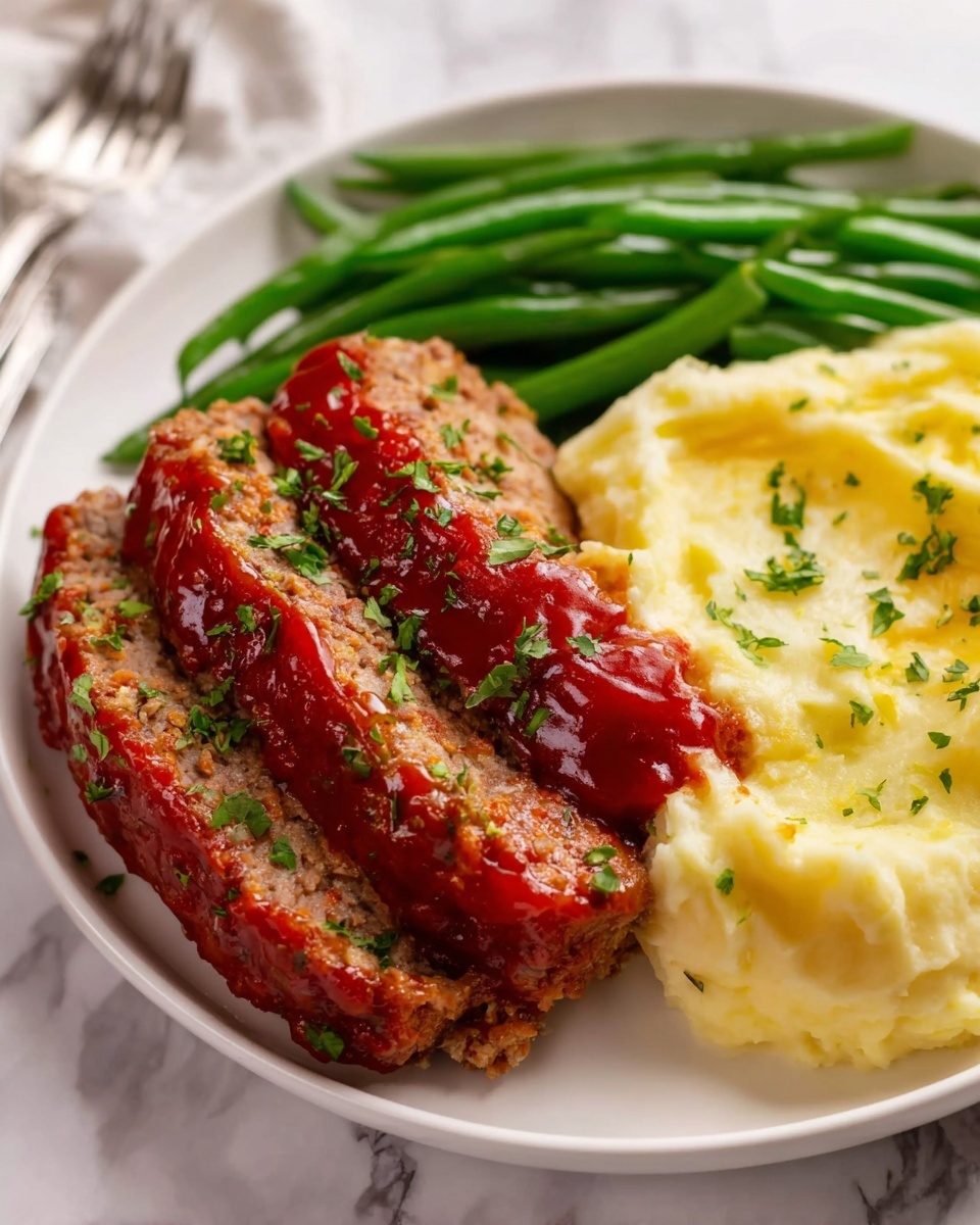 The image shows a white plate with three main parts: two thick slices of brown meatloaf with a shiny red sauce on top and sprinkled green herbs, creamy yellow mashed potatoes with a smooth texture and small bits of green herbs scattered on the surface, and bright green cooked green beans placed behind the meatloaf, with a glossy look that suggests they are steamed or sautéed. The whole plate sits on a white marbled surface, with a silver fork partly visible in the background. photo taken with an iphone --ar 4:5 --v 7