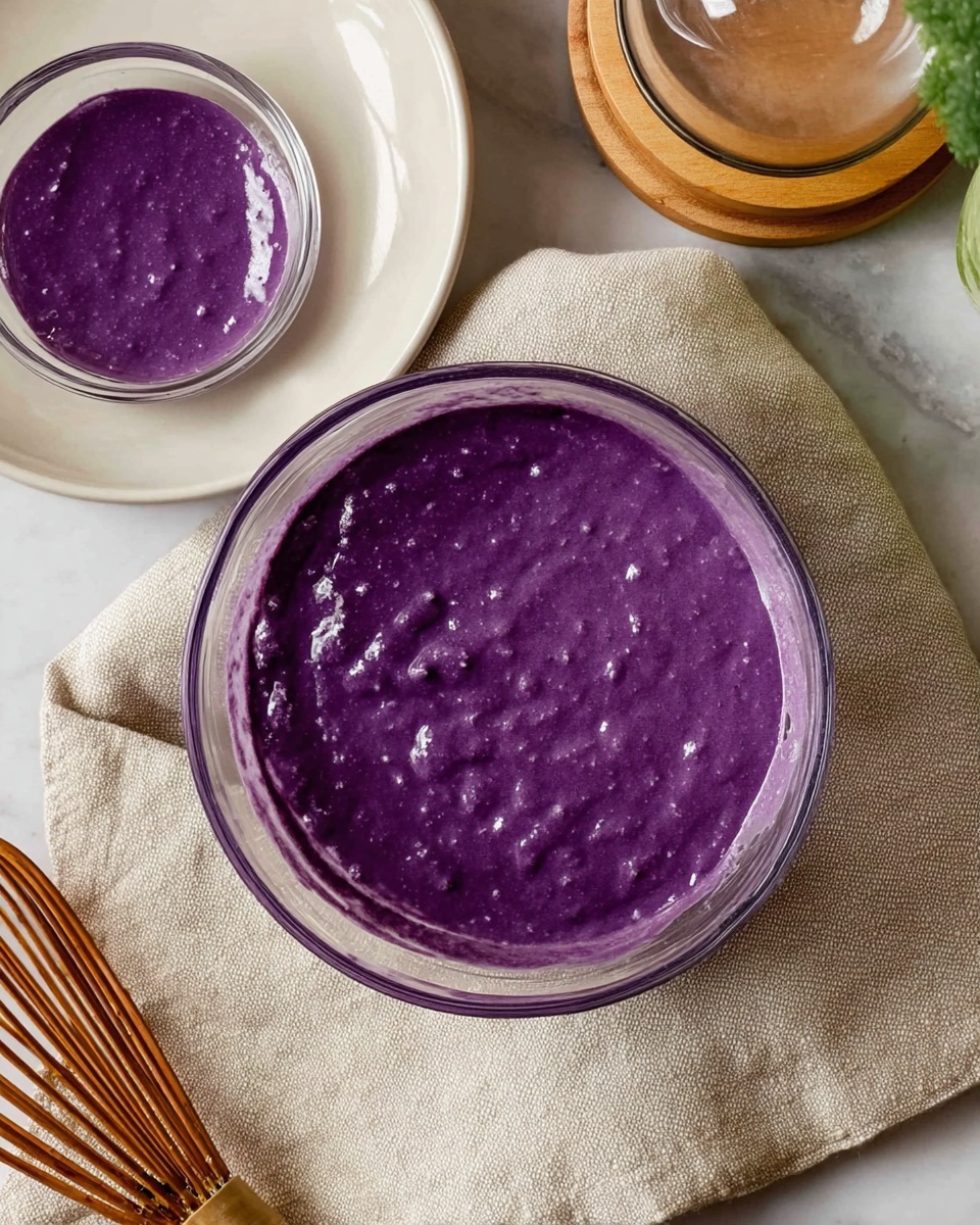 A clear glass bowl is filled with a thick, smooth purple mixture that has small visible lumps and a shiny surface. To the upper left of the bowl, there is a white plate holding a smaller clear glass dish with the same purple mixture inside. The bowl and plate are set on a light beige cloth with a rough texture. Under the cloth, there is a wooden surface partially visible, and a brown whisk lies next to the bowl. There is a dome-shaped glass object with a wooden base placed at the top center of the image. The entire scene is arranged on a white marbled background. Photo taken with an iphone --ar 4:5 --v 7