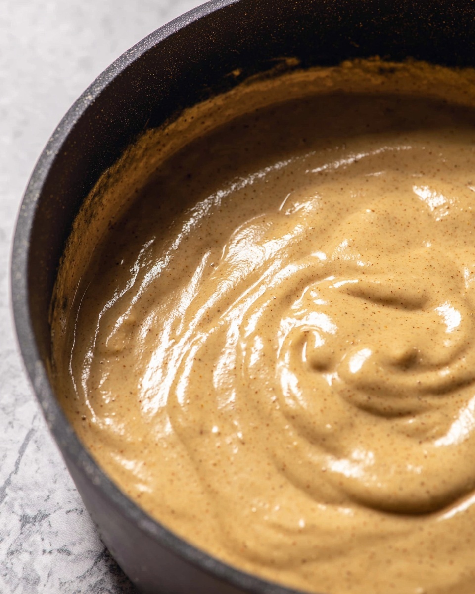 The image shows a close-up view of a single layer of smooth, thick sauce or batter inside a dark pot. The mixture has a creamy, light brown color with small darker specks spread evenly throughout, giving it a slightly textured look. The surface is glossy with soft swirls made by stirring, and the pot's inside has a dark, matte finish. The background surface is a white marbled texture. photo taken with an iphone --ar 4:5 --v 7