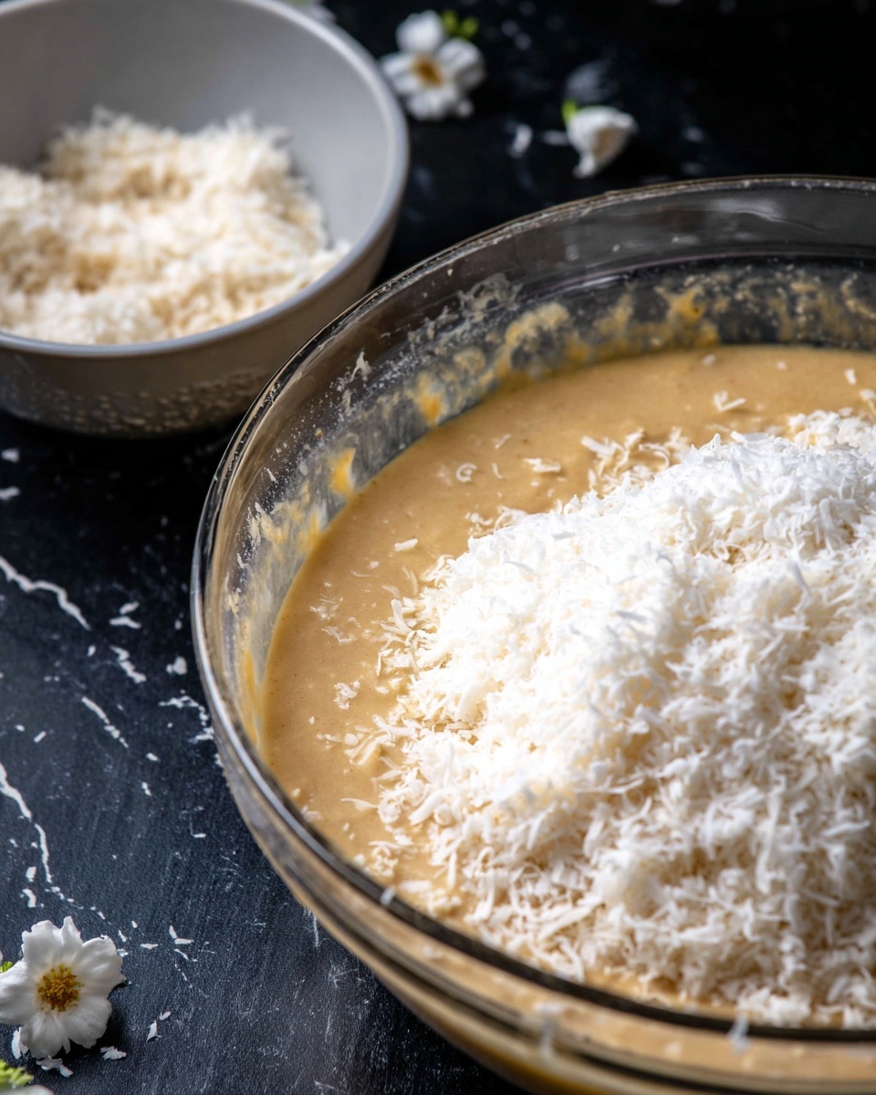 A large clear glass bowl holds a batter with a thick, smooth, light beige liquid layer at the bottom with a fluffy white shredded topping scattered on top, blending into some soft fine powder. In the background, a small white bowl is filled with more of the white shredded topping, sitting on a dark surface decorated with small white flowers. The dark surface has a white marbled texture. The image is close up, showing the texture of the batter and shreds clearly, photo taken with an iphone --ar 4:5 --v 7