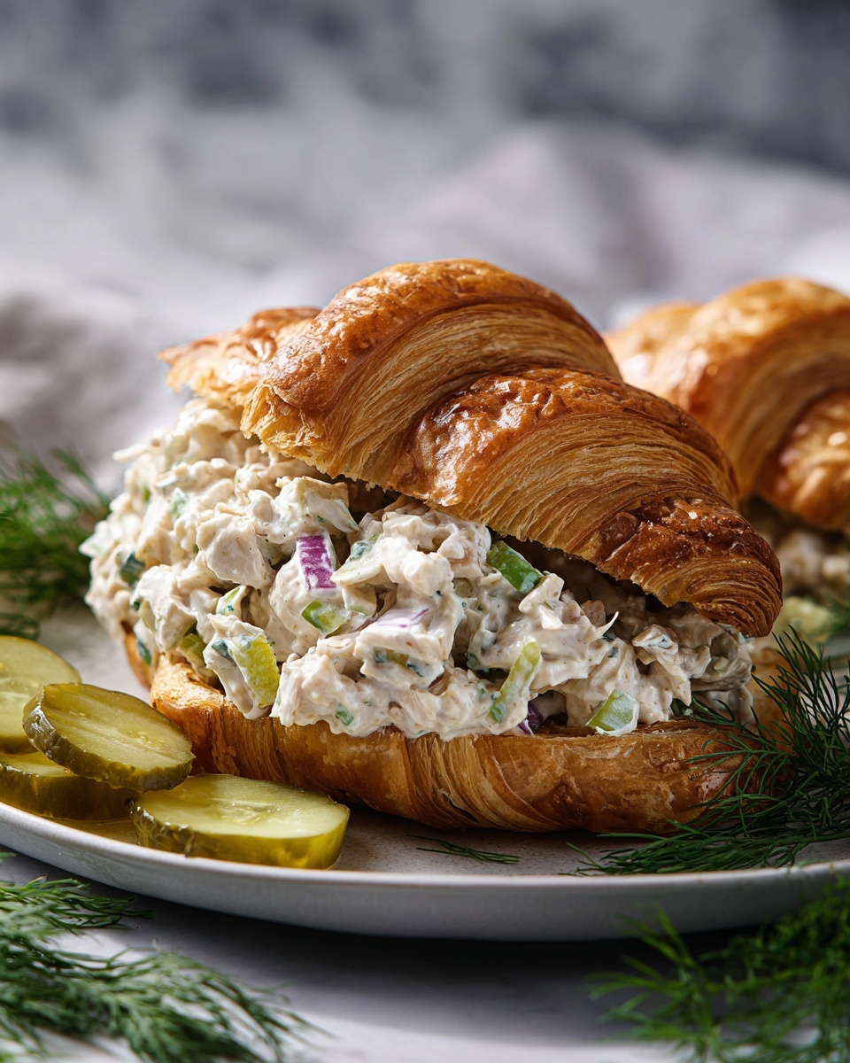 A flaky, golden-brown croissant is split open and filled with a chunky, creamy chicken salad mixed with bits of green celery, small purple onion pieces, and fresh dill herbs, all visible in the middle layer. The croissant rests on a white plate with a few slices of green pickles on the side and some sprigs of dill for garnish. The background shows a white marbled surface with soft lighting highlighting the textures of the croissant and the creamy filling. photo taken with an iphone --ar 4:5 --v 7