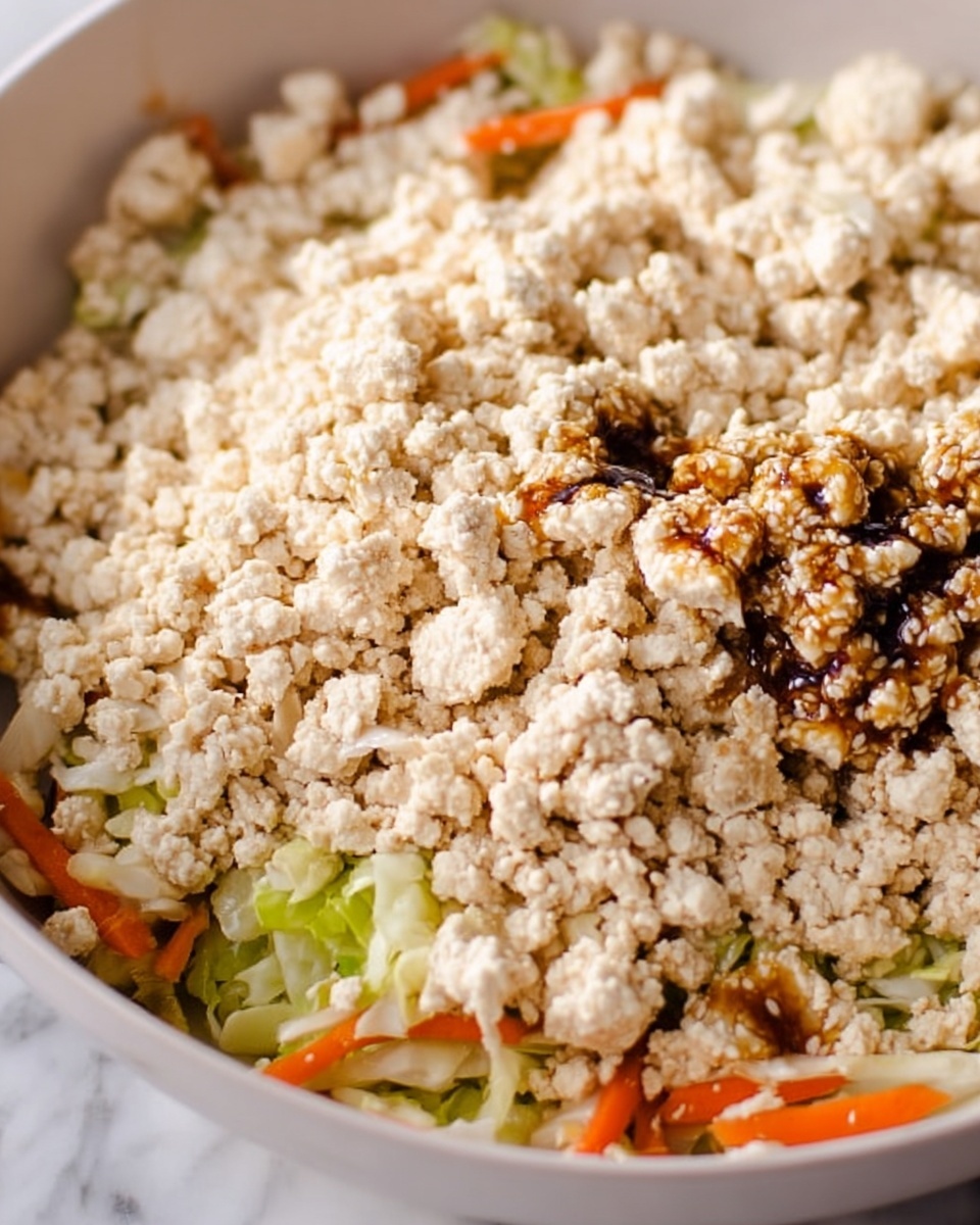 The image shows a close-up of a white bowl filled mostly with light beige crumbled tofu piled in rough, soft chunks that cover most of the dish. Beneath the tofu, there are small pieces of bright orange carrot and light green cabbage scattered unevenly, adding a splash of color and texture. The tofu looks soft and moist, with some darker brown sauce or seasoning drizzled in the middle and clinging to the tofu crumbles. The bowl sits on a white marbled surface that adds a clean and simple background to the dish. photo taken with an iphone --ar 4:5 --v 7