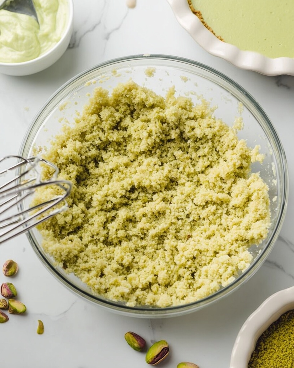 A clear glass bowl filled with a light green, crumbly mixture that looks like it is being mixed or beaten with metal beaters from an electric mixer, positioned on the left side of the bowl. Around the bowl, there is a white bowl with a smooth green cream near the top left corner and a white pie dish or tart pan filled with a smooth green filling on the top right corner. A few pistachio nuts are scattered near the pie dish and the background surface is a white marbled texture. Photo taken with an iphone --ar 4:5 --v 7