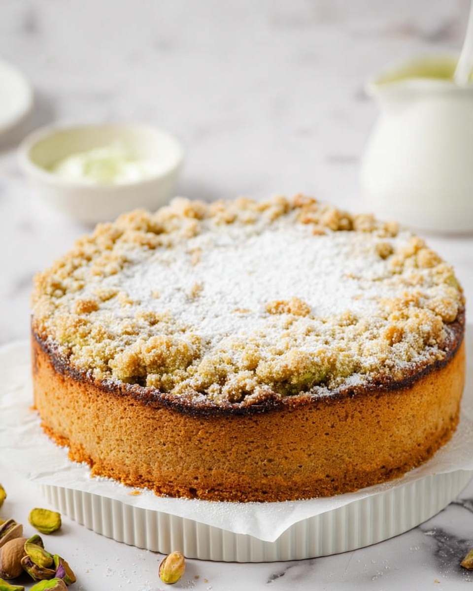 The image shows a round cake with two layers. The bottom layer is a smooth, light brown cake base. Above it is a darker filling layer, visible at the sides. The top layer is a crumbly, golden-brown topping dusted with white powdered sugar. The cake is placed on white parchment paper on a white plate with ridged edges. The background is a white marbled surface with a small white bowl of green cream and a few pistachios scattered around. Photo taken with an iphone --ar 4:5 --v 7