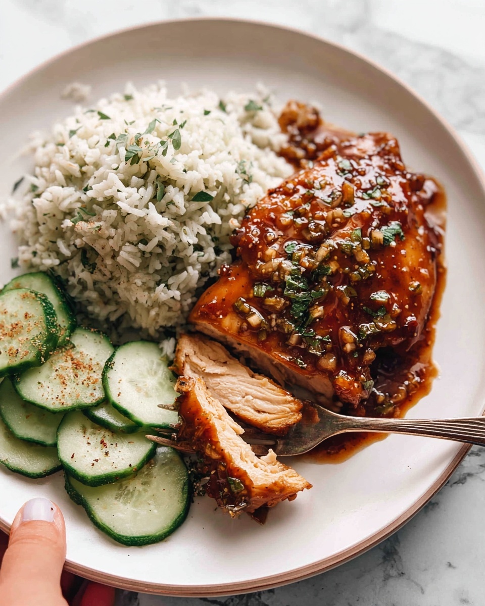On a white plate, there is one thick piece of shiny brown glazed chicken in the center, coated with a sauce that looks sticky and rich with bits of herbs on top. To the left side of the chicken, there is a mound of white rice mixed with green herbs, giving it a textured and fresh look. Next to the rice, there are sliced cucumber rounds, vibrant green with some seasoning sprinkled on top. A woman's hand holds a fork grabbing a piece from the chicken, revealing the juicy inside which is light and moist. The plate is set on a white marbled surface. photo taken with an iphone --ar 4:5 --v 7