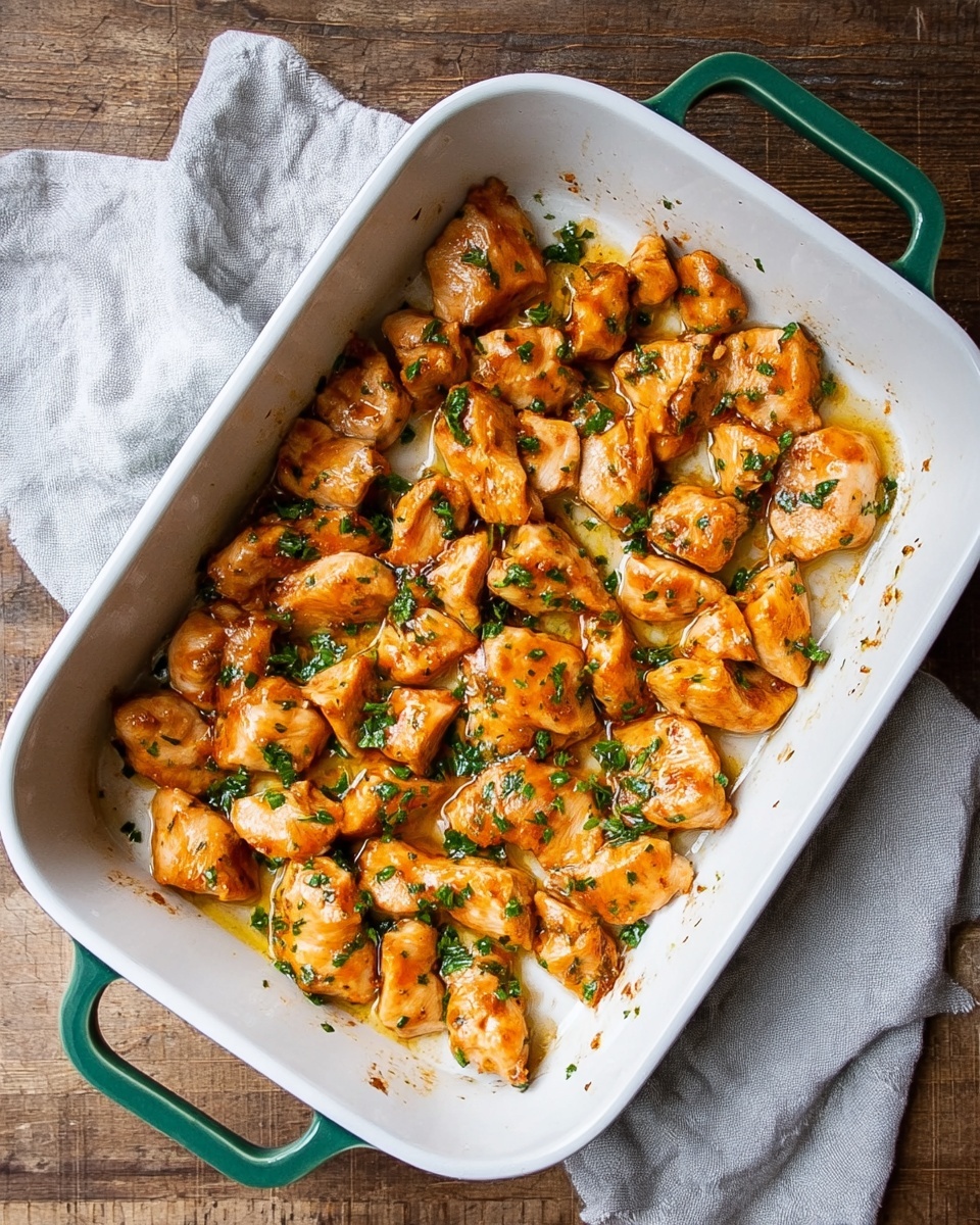 A white rectangular baking dish with green handles filled with small orange pieces of seasoned cooked chicken. The chicken pieces are scattered loosely in one single layer across the dish, showing a slight oily shine with small green herb bits sprinkled on top. The dish sits on a wooden surface with a light gray cloth folded beside it. Photo taken with an iphone --ar 4:5 --v 7