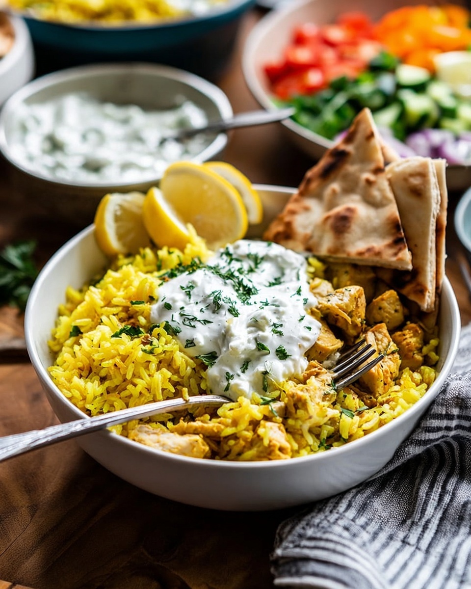 A white bowl contains three main layers: at the bottom is yellow rice mixed with small chunks of light brown chicken, followed by a dollop of white creamy sauce with herbs sprinkled on top, and two lemon wedges placed on the left top side of the rice. On the right side of the bowl, two triangular pieces of flatbread rest against the rice. A fork is placed inside the bowl, with its prongs touching the rice. The bowl sits on a wooden surface, with a striped cloth napkin nearby. In the blurred background, there are bowls and plates with more yellow rice, salad with bright vegetables, and white sauce. The setting has a casual and fresh look. Photo taken with an iphone --ar 4:5 --v 7