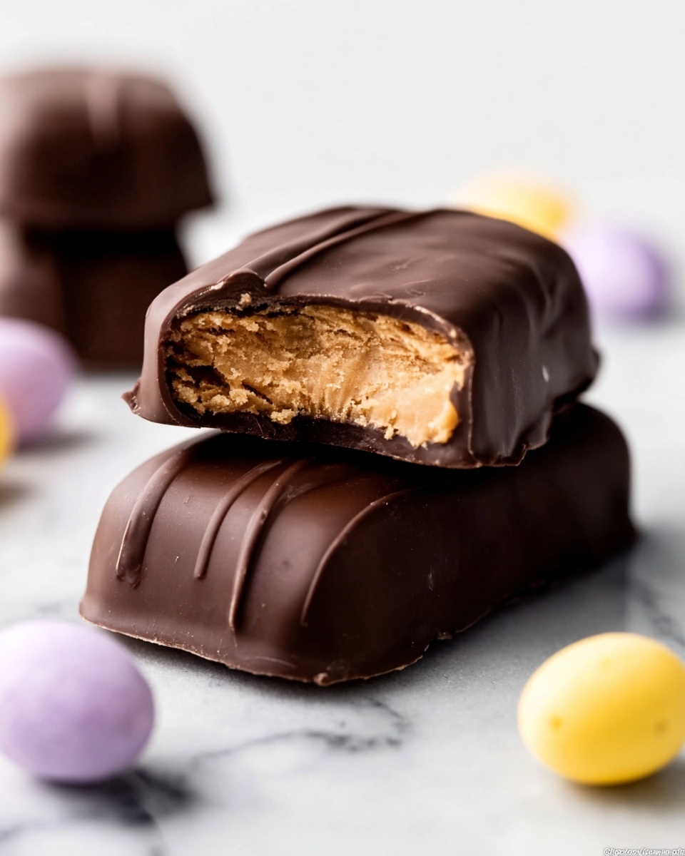 The image shows two chocolate-covered bars stacked on a white marbled surface, with one bar resting on top of the other. The top bar has a bite taken from its corner, revealing a dense, light brown inside with a slightly crumbly texture. The chocolate coating is smooth and dark, with subtle shine and a few gentle ridges. To the right of the bars, there are small pastel-colored candy eggs in soft yellow and purple. The background is softly blurred, keeping the focus on the bars. Photo taken with an iphone --ar 4:5 --v 7