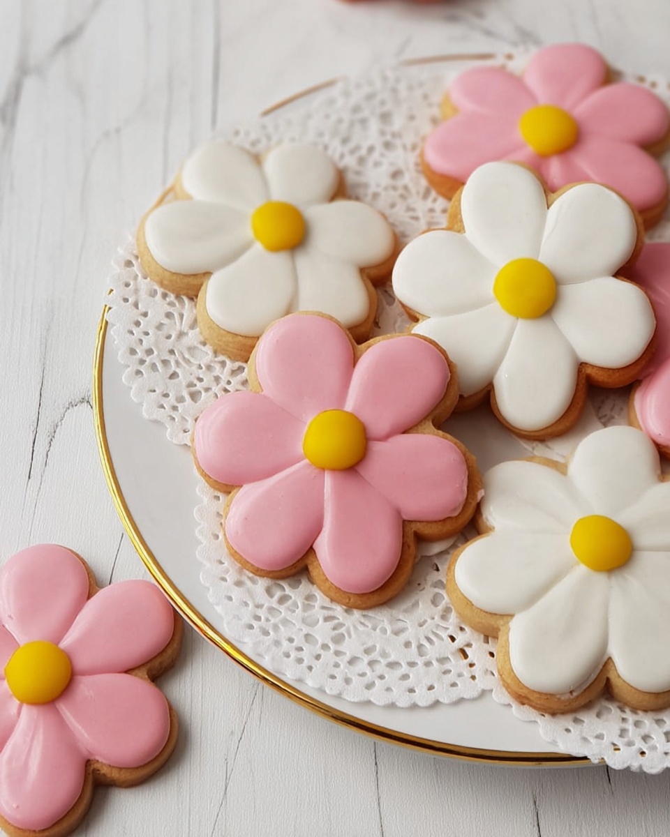 The image shows flower-shaped cookies arranged on a white paper doily that sits on a gold plate and a white marbled surface. Each cookie has two layers: the bottom layer is a light brown baked base, and the top layer features six rounded petals made of smooth icing. The petals are pastel pink on some cookies and white on others. Each flower has a small round yellow icing center. Two cookies are placed outside the plate on the white marbled surface in the lower left corner. photo taken with an iphone --ar 4:5 --v 7